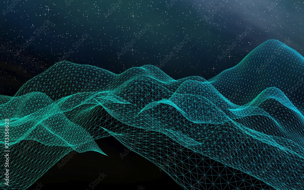 Abstract landscape on a dark background. Cyberspace grid. Hi-tech network. Outer space. Starry outer space texture. 3D illustration Abstract landscape on a dark background. Cyberspace grid. Hi-tech network. Outer space. Starry outer space texture. 3D illustration
