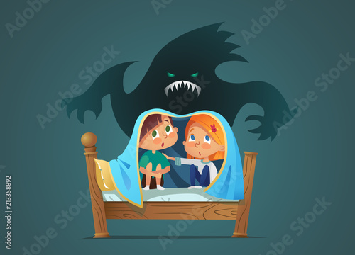 Pair of scared children sitting on bed and hiding from frightening ghost under blanket. Fearful kids and imaginary monster. Cartoon characters isolated on white background. Vector illustration.