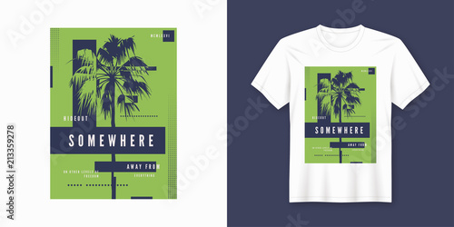 Somewhere t-shirt and apparel trendy design with palm tree silho