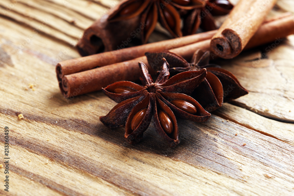 cinnamon and star anise. Christmas holiday on ooden boards background .