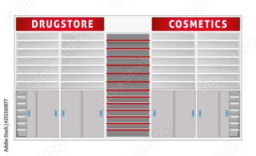 Scenery of store shelf with dividers, pharmacy, cosmetics. Ideal for catalogs, informational and advertising material and media