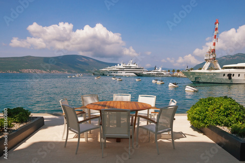 Summertime. Montenegro  Bay of Kotor. View of embankment of Tivat city and marina of Porto Montenegro