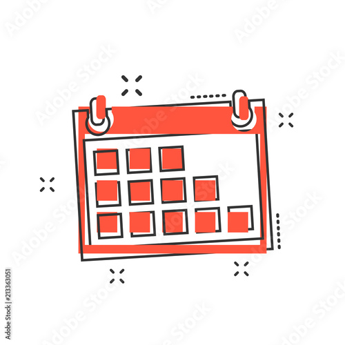 Vector cartoon calendar icon in comic style. Calendar sign illustration pictogram. Agenda business splash effect concept.