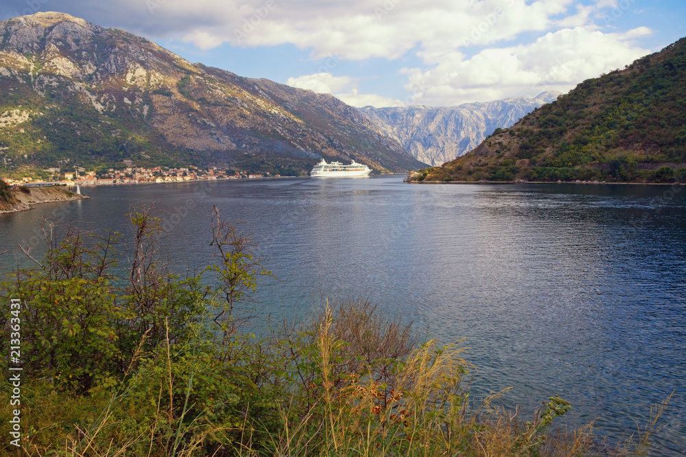 Picturesque autumn Mediterranean landscape.  Montenegro, view of the Bay of Kotor with cruise ship