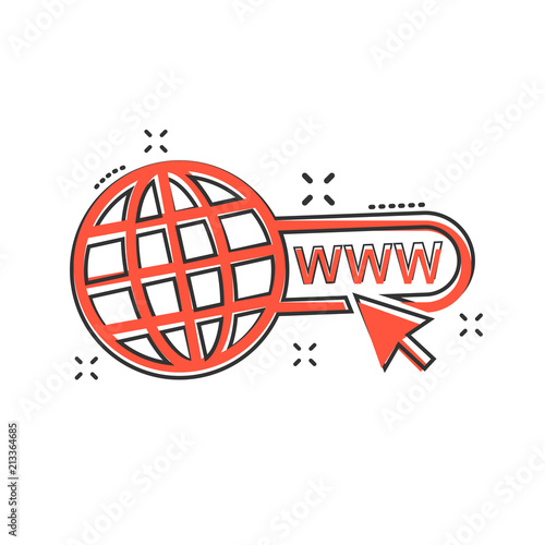 Vector cartoon go to web icon in comic style. Globe world sign illustration pictogram. WWW url business splash effect concept.