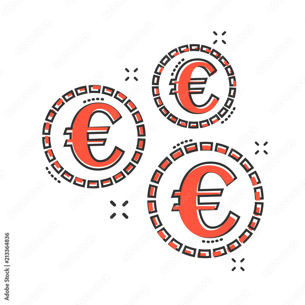 Fototapeta premium Vector cartoon euro coins icon in comic style. Money coin sign illustration pictogram. Euro cash business splash effect concept.