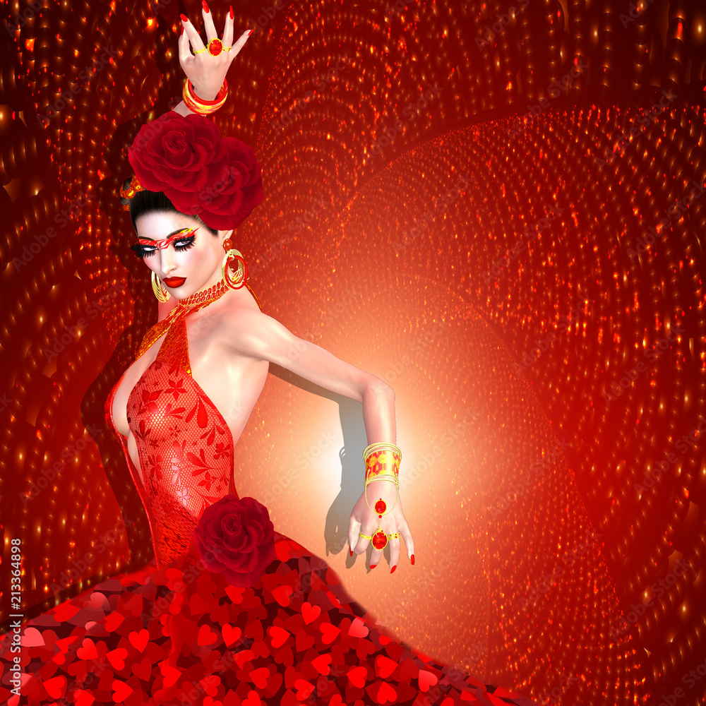 Sexy flamenco dancer in red heart dress with swirling glittering gold  background. Flamenco, the mystery, seduction and beauty are all captured  right here with our unique 3d rendered digital model – Stock-Illustration