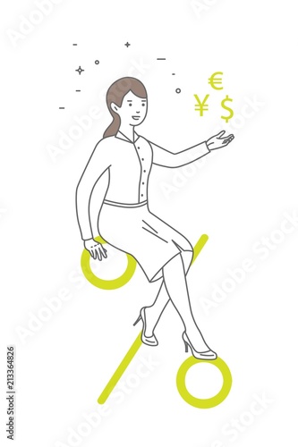 Woman with percent sign. Trading, Vector cartoon illustration.