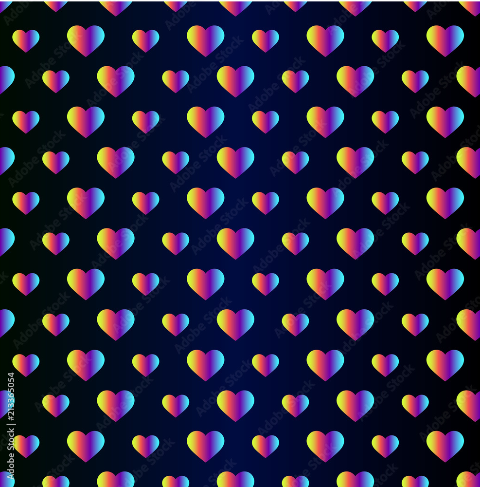 Seamless vector pattern - rainbow hearts on gradient background. Idea for a romantic greeting card and a background for St. Valentine's Day. Beautiful layout for scrap paper