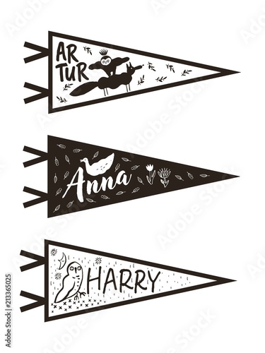 Hand drawn adventure pennant flags set. Vector illustrations.