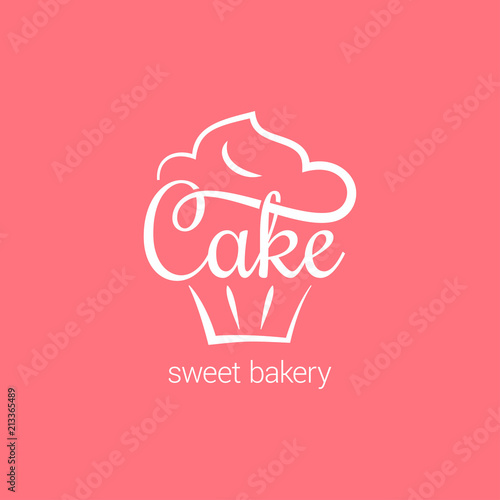 Cake logo of bakery. Cupcake dessert on pink background