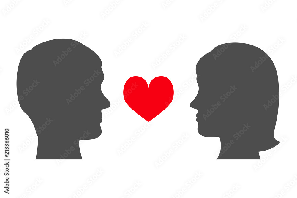 Man and woman looking at each other. Male and female head silhouettes and red heart. Face to face. Vector illustration.