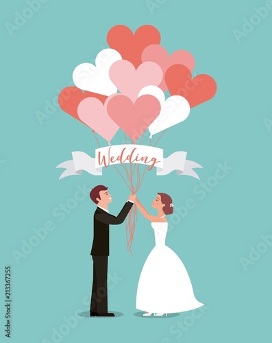 bride and groom with balloons heart wedding day