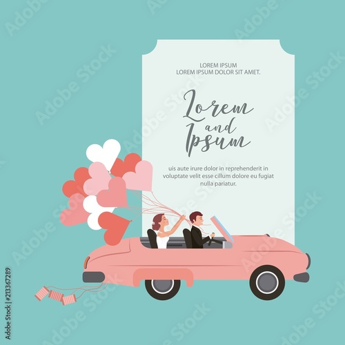 bride and groom in convertible car with balloons wedding card