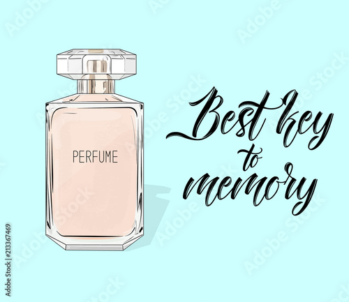 Watercolor women's perfume bottle in vector. Eau de parfum poster isolated on blue background. Best key to memory. Beauty fragrance liquid product. Aroma gift. Best present for woman