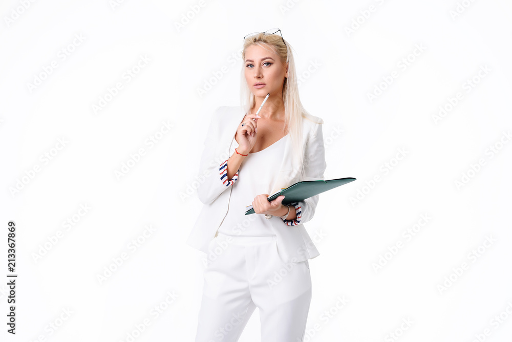Portrait of a successful business woman. Isolated over white background. Performs an audit of the company's accounting. Found errors in the swelling Portrait of a successful business woman. Isolated over white background. Performs an audit of the company's accounting. Found errors in the swelling
