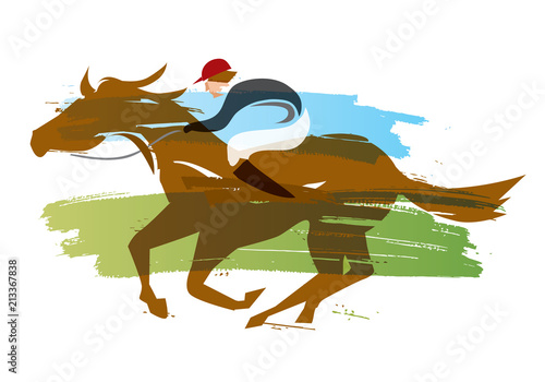 Jockey on horse,Horse racing.  
Water color imitated Illustration of Jockey on horse at Full Speed.  Vector available. 