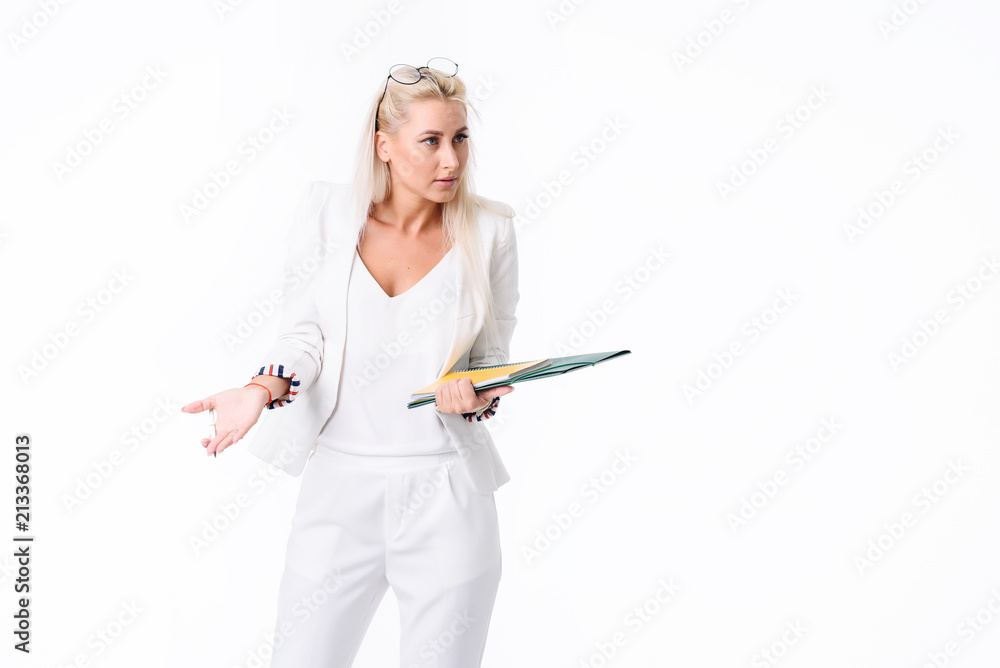 Portrait of a successful business woman. Isolated over white background. Performs an audit of the company's accounting. Found errors in the swelling Portrait of a successful business woman. Isolated over white background. Performs an audit of the company's accounting. Found errors in the swelling