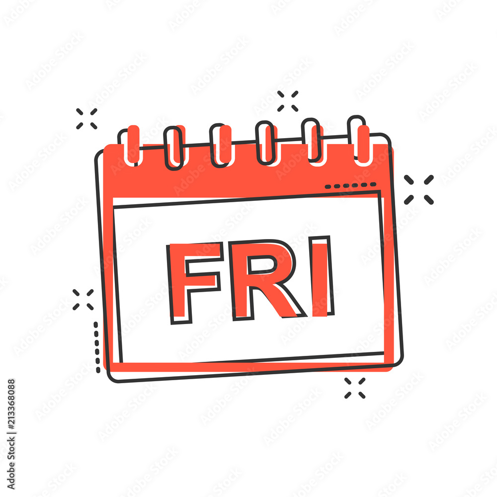 Vector cartoon friday calendar page icon in comic style. Calendar sign