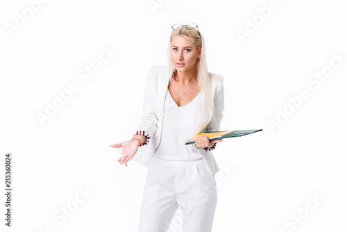 Portrait of a successful business woman. Isolated over white background. Performs an audit of the company's accounting. Found errors in the swelling