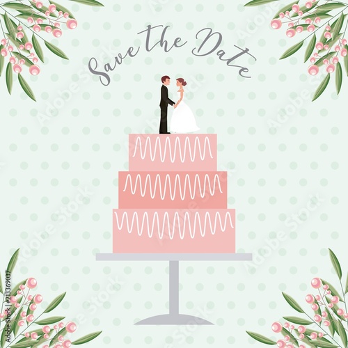 bride and groom dolls in wedding cake save the date card