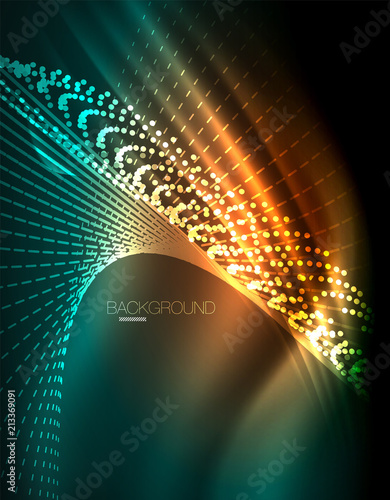 Smooth light effect, straight lines on glowing shiny neon dark background. Energy technology idea