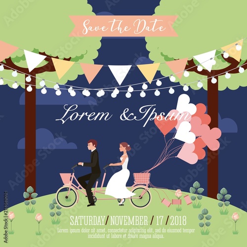 wedding couple riding in tandem bike balloons park save the date card
