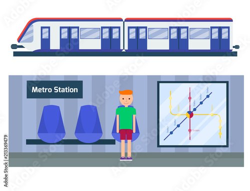 Metro station transportation modern railroad trip transit tunnel vehicle service vector illustration.