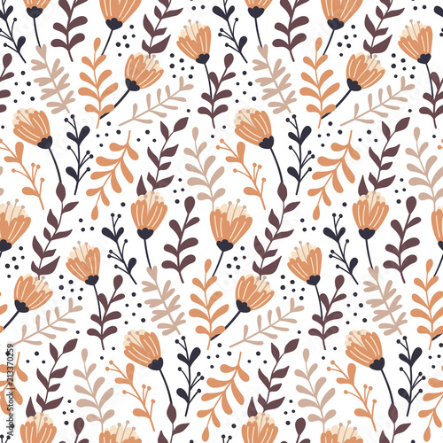 Modern seamless pattern with autumn floral elements. Hand drawn flowers  herbs and leaves. Vector wallpaper.