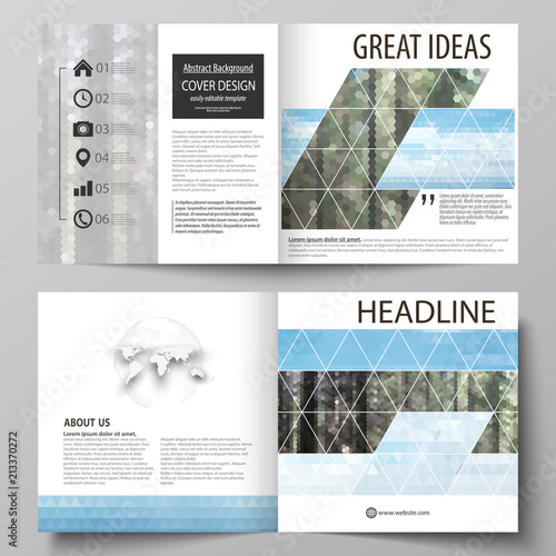 Templates for square design bi fold brochure, flyer. Leaflet cover, vector layout. Colorful background made of triangular or hexagonal texture, travel business, natural landscape in polygonal style