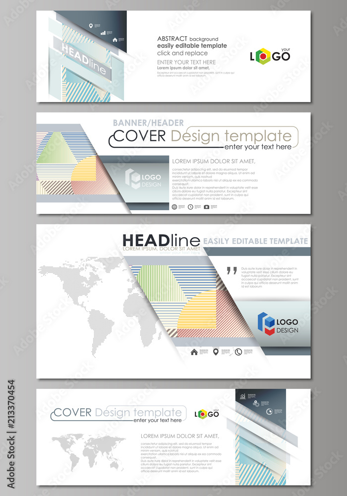 Social media and email headers set, modern banners. Easy editable abstract template, vector layouts in popular sizes. Minimalistic design with lines, geometric shapes forming beautiful background.