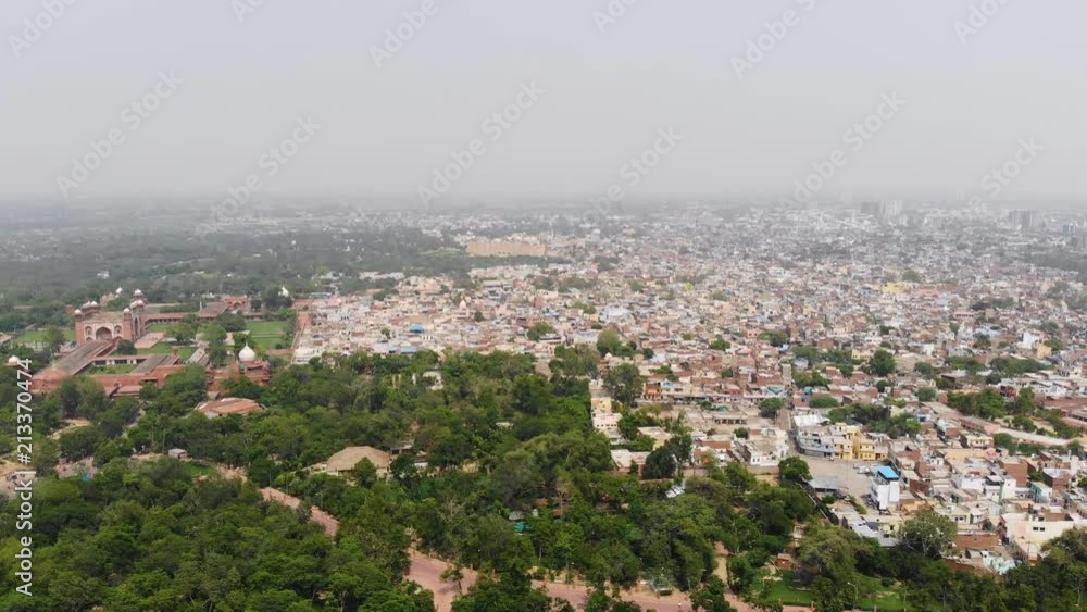 Aerial panoramic view of cityscape of Agra (city of Taj Mahal) - Uttar Pradesh, landscape panorama of India from above, Asia Aerial panoramic view of cityscape of Agra (city of Taj Mahal) - Uttar Pradesh, landscape panorama of India from above, Asia