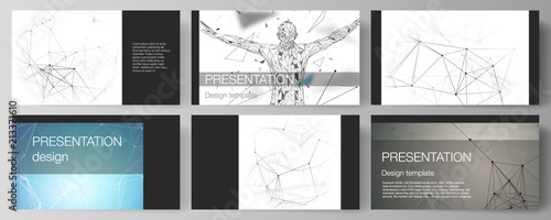 The minimalistic abstract vector layout of the presentation slides design business templates. Technology, science, medical concept. Molecule structure, connecting lines and dots. Futuristic background