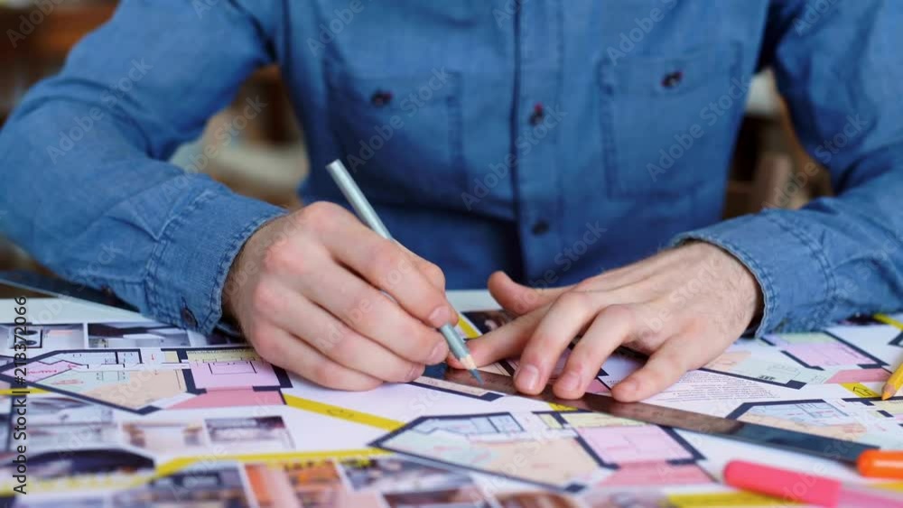 Architect working on blueprint with spesial tools and pencil, close up. Male architect at work, only hands with ruler and pencil. Design of the house. Engineer. Tools for drawing. Creating a drawing. Architect working on blueprint with spesial tools and pencil, close up. Male architect at work, only hands with ruler and pencil. Design of the house. Engineer. Tools for drawing. Creating a drawing.