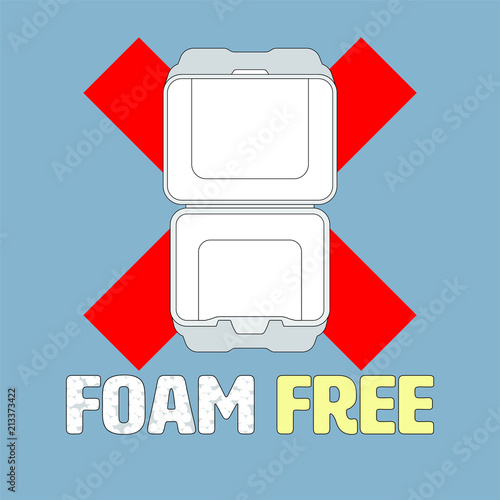 Ban cross symbol and outline flat icon of styrofoam container with foam beads typographic design. Foam free concept. Vector illustration.