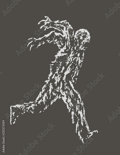Zombie soldier runs with his hands up behind his back. Vector illustration.