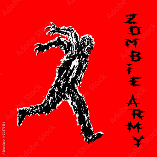 Zombie soldier runs with his hands up behind his back. Vector illustration.
