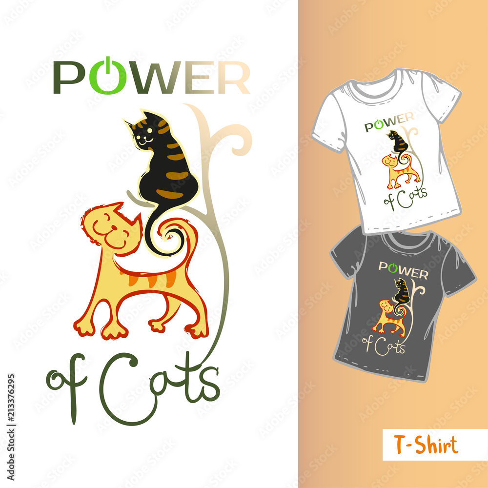 Vector line t-shirt template.Three hand drawn funny cats and the inscription Exellent POWER OF CAT Vector line t-shirt template.Three hand drawn funny cats and the inscription Exellent POWER OF CAT