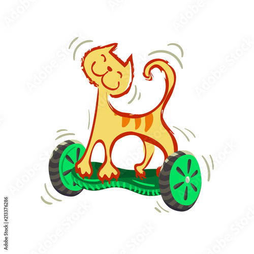 A cartoon cheerful yellow striped cat on a gyroscope. Vector illustration from a series Funny cats