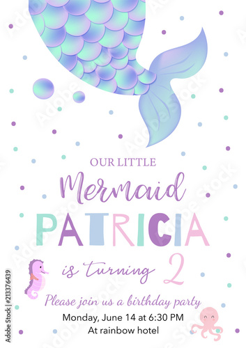 Hand drawn cute card with mermaid,squid and sea horse