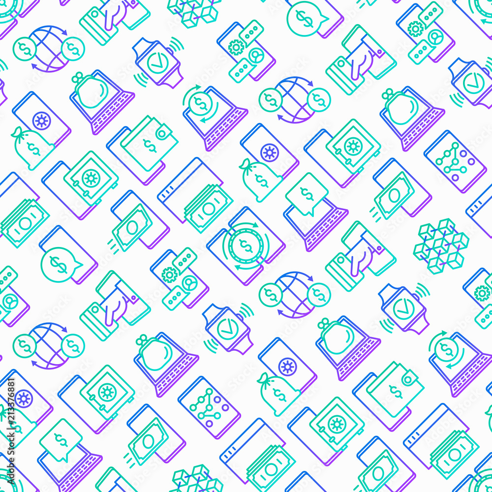 Online banking seamless pattern with thin line icons: deposit app, money safety, internet bank, contactless payment, credit card, online transaction. Modern vector illustration for background. Online banking seamless pattern with thin line icons: deposit app, money safety, internet bank, contactless payment, credit card, online transaction. Modern vector illustration for background.