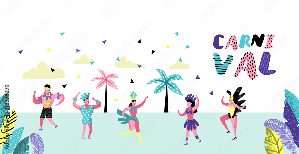 Carnival Poster, Banner, Brochure with Dancing Character People. Masqeurade Party Elements with Masks and Festive Symbols. Vector illustration