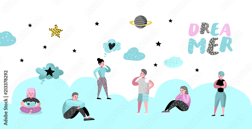 Happy People Dreaming about Something Poster, Banner, Brochure. Young Man Thinking. Woman Dream about Future. Joyful Cartoon Characters. Vector illustration