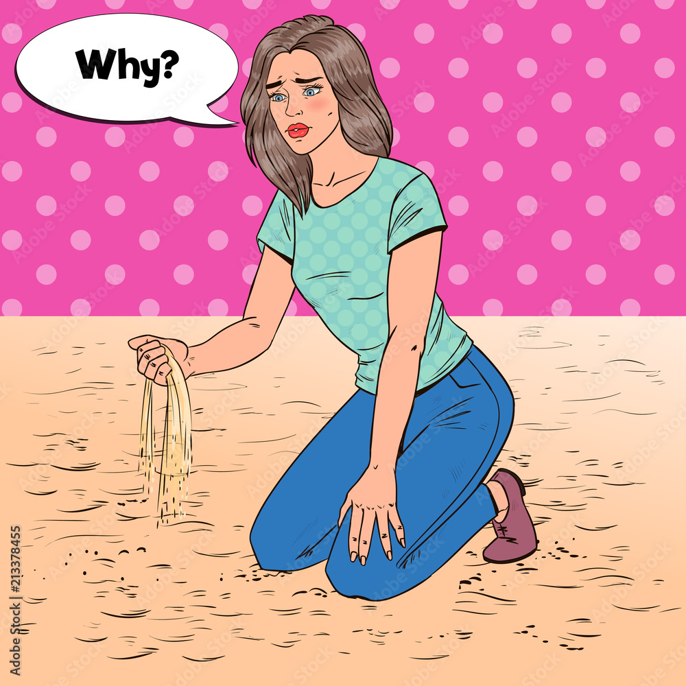 Pop Art Sad Young Woman Sitting on the Beach. Broken Heart Girl. Facial  Expression. Negative Emotion. Vector illustration Stock Vector | Adobe Stock