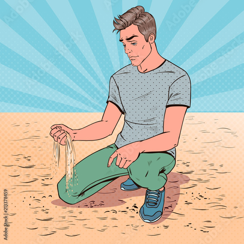 Pop Art Sad Young Man Sitting on the Beach. Broken Heart Guy. Facial Expression. Negative Emotion. Vector illustration