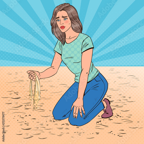 Pop Art Sad Young Woman Sitting on the Beach. Broken Heart Girl. Facial Expression. Negative Emotion. Vector illustration