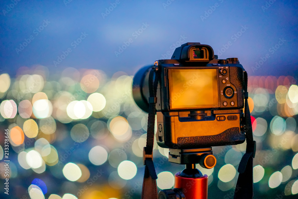 Mirrorless Camera and bettery grip with colorful bokeh