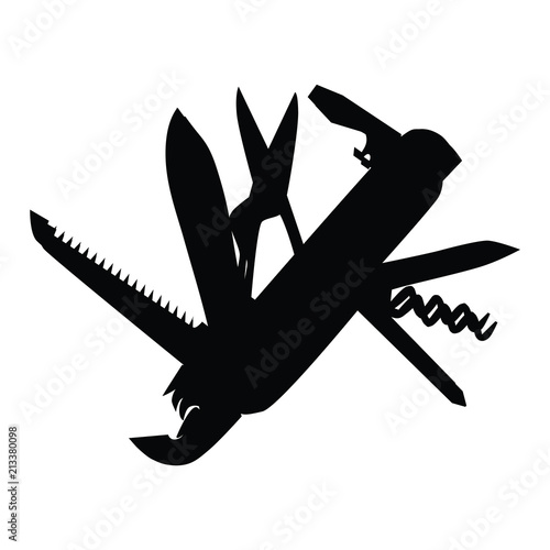 A black and white silhouette of a swiss army knife with all the accessories out