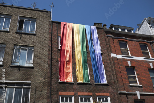 London, United Kingdom - June 26, 2018 : Rainbow flags in Old Compton Street