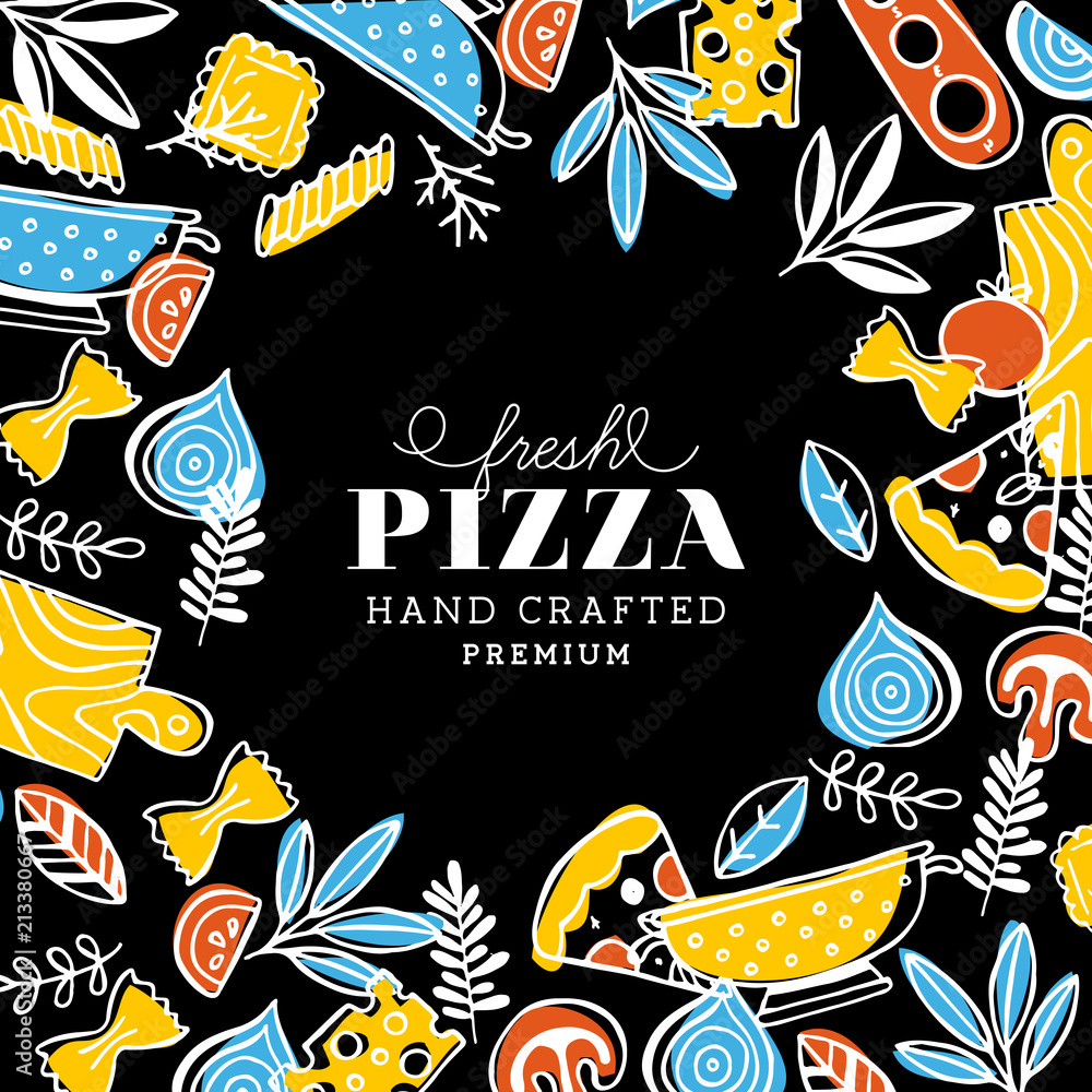 Pizza and pasta frame composition. Funny food. Vector illustration